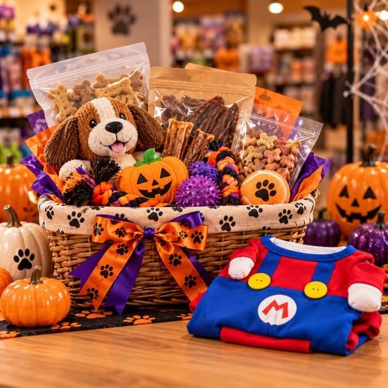 Canasta con galletas, snacks, juguetes, una pelota y un peluche, junto a un disfraz de plomero para mascota.