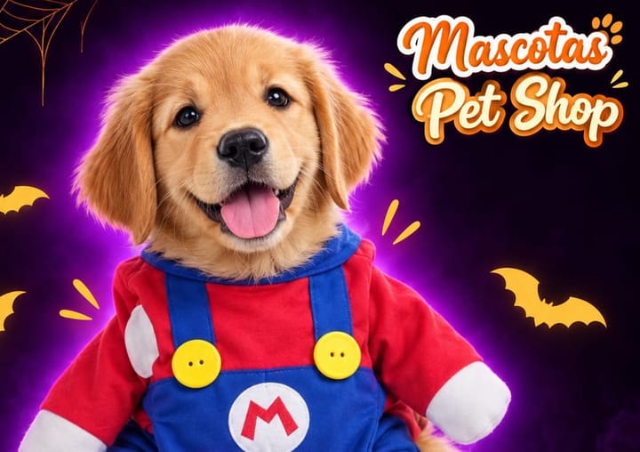 Un cachorro golden retriever disfrazado de plomero, con murciélagos y telarañas de fondo.